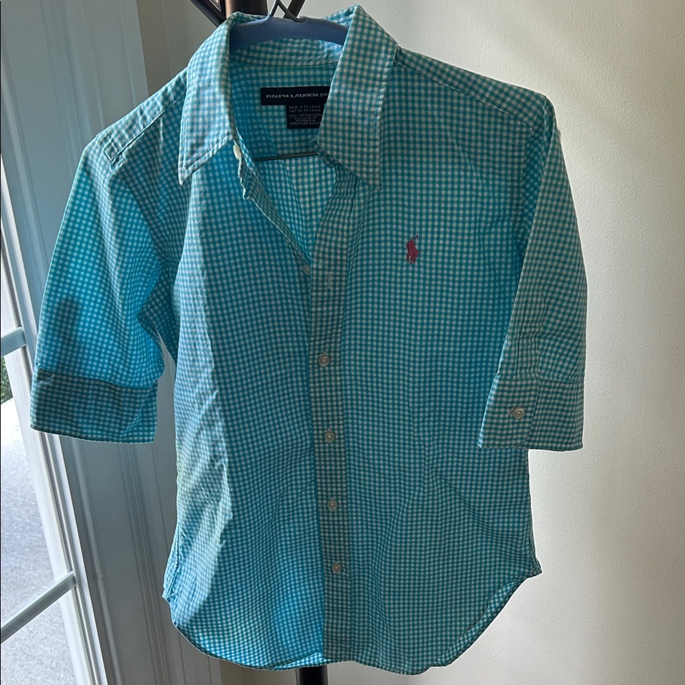 Ralph Lauren Sport Women’s Teal and White Checked Fitted Button-Down.